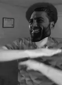 gigachad, gigachaded, 1nas, animated, beard, black eyes, black hair, dance, gray skin, hair
