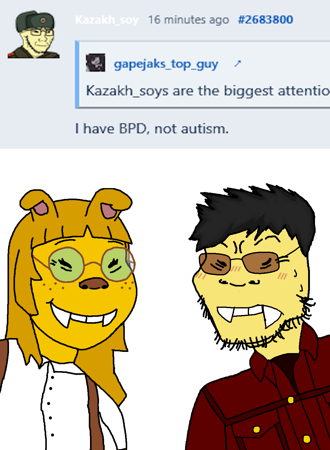 femjanny, soykio kid, soykio girl, femjak, 2soyjaks, angry, animal, animal ears, arm, asian