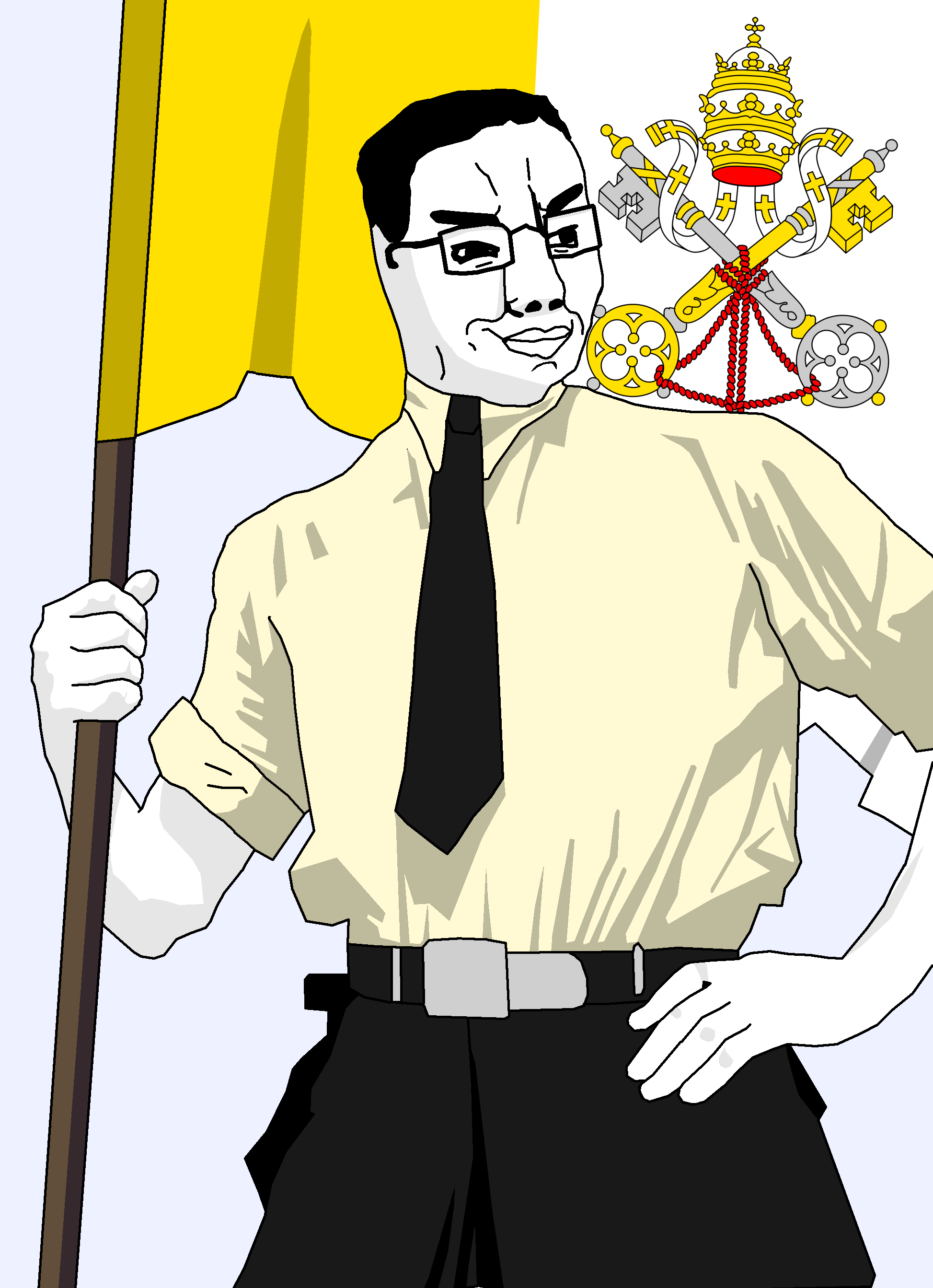 chud413, chudjak, militant chud holding flag, 1soyjak, almost full body, belt, black eyes, black hair, black pants, black tie