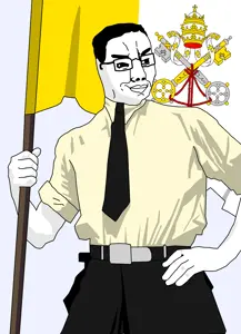 chud413, chudjak, militant chud holding flag, 1soyjak, almost full body, belt, black eyes, black hair, black pants, black tie