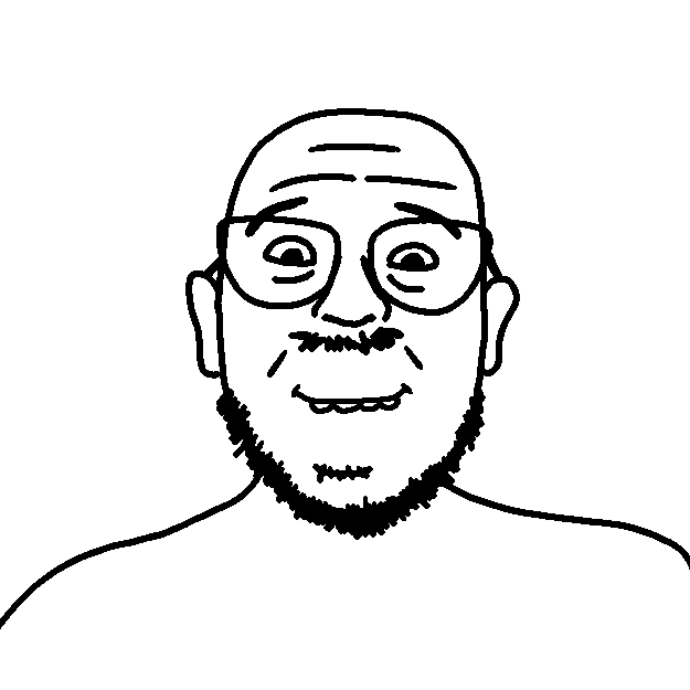 billson, remastered soyjaks, bald, beard, closed mouth, forehead lines, front view, glasses, grin, looking at you