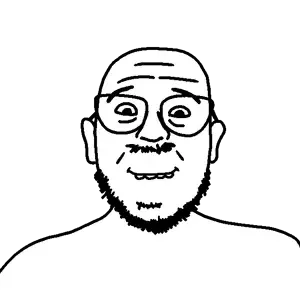 billson, remastered soyjaks, bald, beard, closed mouth, forehead lines, front view, glasses, grin, looking at you