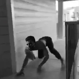 gigachad, 1nas, back view, beard, black hair, closed mouth, clothes, crawling, delivery, full body