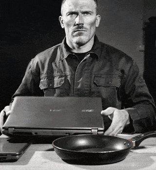 gigachad, hitler eating laptops, 1nas, adolf hitler, black hair, buff, closed mouth, cooking, eating, fork