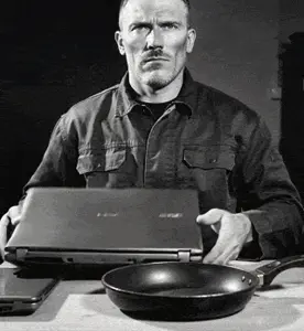 gigachad, hitler eating laptops, 1nas, adolf hitler, black hair, buff, closed mouth, cooking, eating, fork