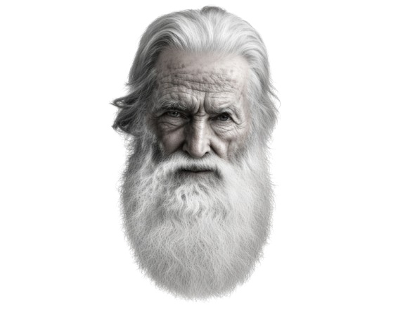 gigachad, old gigachad, beard, black eyes, closed mouth, front view, gray skin, hair, head, looking at you