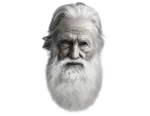 gigachad, old gigachad, beard, black eyes, closed mouth, front view, gray skin, hair, head, looking at you