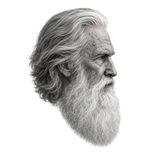 gigachad, old gigachad, beard, black eyes, closed mouth, front view, gray skin, hair, head, looking to the right