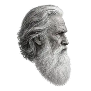 gigachad, old gigachad, beard, black eyes, closed mouth, front view, gray skin, hair, head, looking to the right