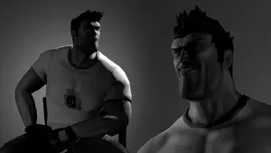 gigachad, gigachaded, 3d, black eyes, black hair, bomb, boomer shooter, buff, cartoon, closed mouth