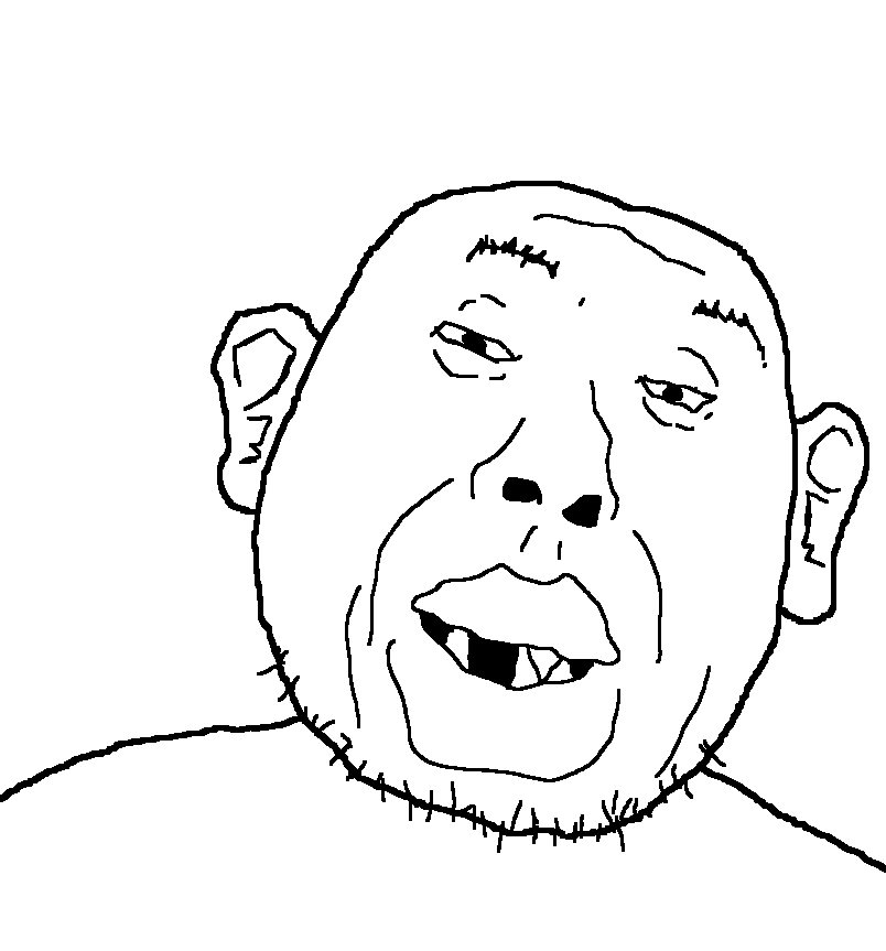 boongimp, 1soyjak, bald, black eyes, chubby, coaloween, ear, front view, half open mouth, looking at you