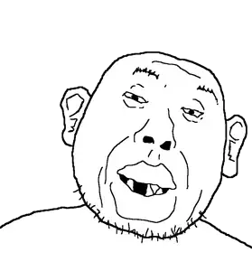boongimp, 1soyjak, bald, black eyes, chubby, cleavage, coaloween, ear, front view, half open mouth