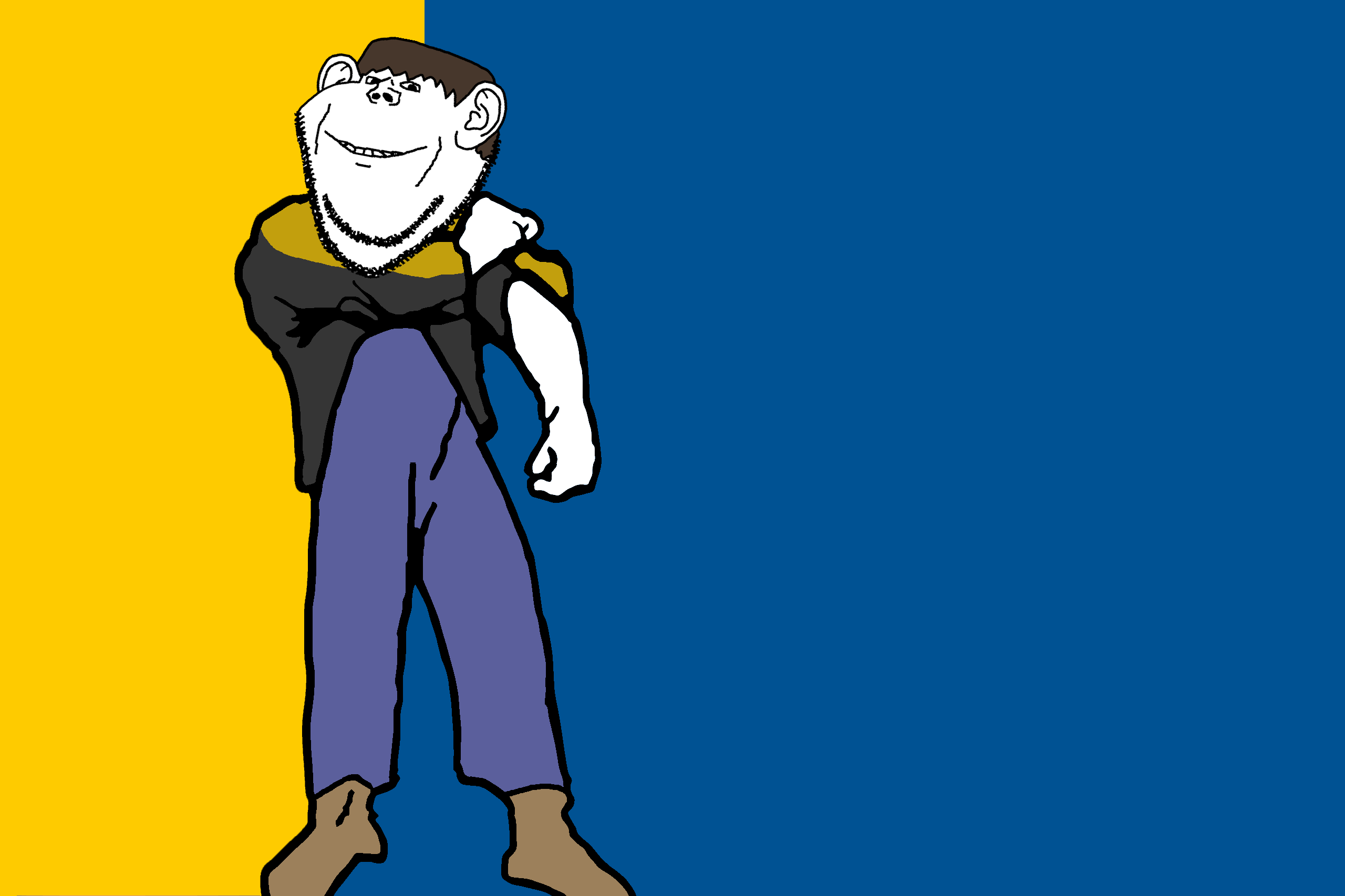lars, impish soyak ears, 1soyjak, black eyes, blue background, brown hair, clothes, ear, full body, hair