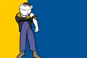 lars, impish soyak ears, 1soyjak, black eyes, blue background, brown hair, clothes, ear, full body, hair