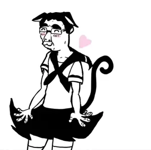 chudjak, angry, black hair, blush, blush lines, cat ears, cat tail, catboy, dress, ears
