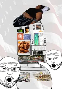 two pointing soyjaks, 2soyjaks, animal, anthropic, bald, black eyes, black skin, black woman, cable, chicken