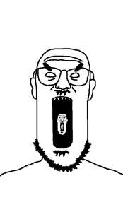 billson, 1soyjak, angry, black background, black pupils, filetype:gif, flashing lights, front view, glasses, head in mouth