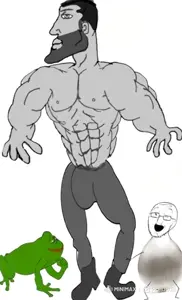 chad thundercock, gigachad, pepe, soyak, amphibian, animal, animated, frog, full body, gray skin