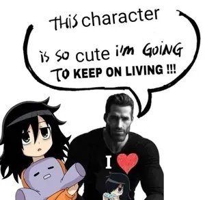 gigachad, tomoko kuroki, black hair, black shirt, buff, closed mouth, female, gray skin, green eyes, hair