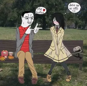 tomoko kuroki, trollface, chudjak, anime, black hair, clothes, female, french fries, full body, glasses