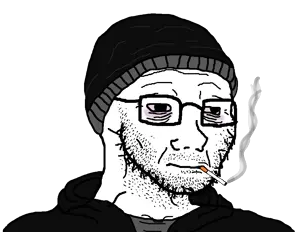 doomer wojak, wojak, soyak, doomer soyak, 1soyjak, bald, beanie, beard, bloodshot eyes, cigarette