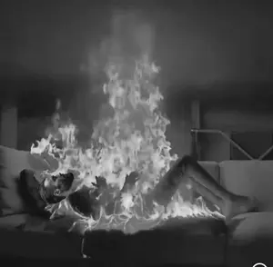 gigachad, beard, black eyes, black hair, buff, burning, closed mouth, couch, fire, flame