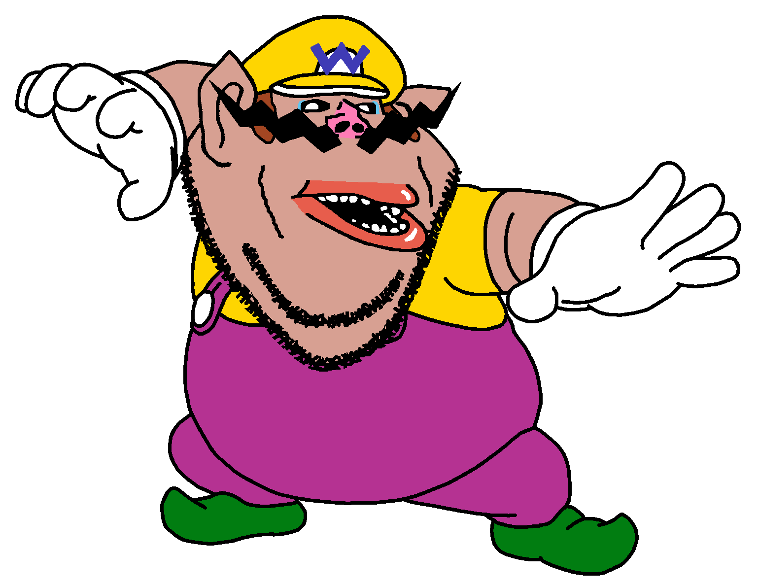 wario, impish soyak ears, impish amerimutt, amerimutt, 1soyjak, arm, black sclera, brown hair, brown skin, button