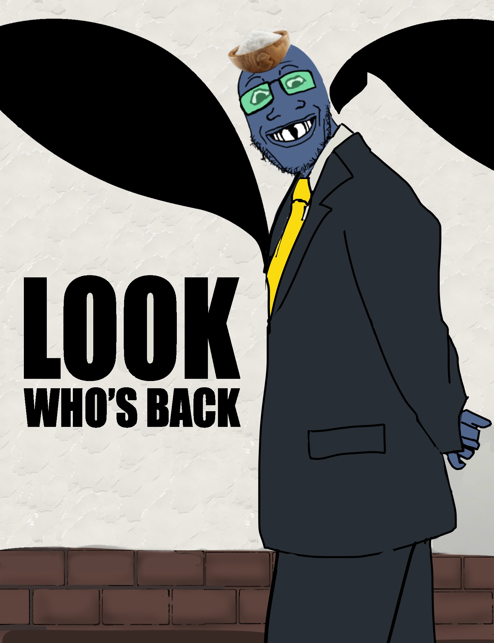 markiplier soyjak, grinlook poggers, grinplier, 1soyjak, adolf hitler, almost full body, blue skin, blue tinted glasses, brick wall, clothes
