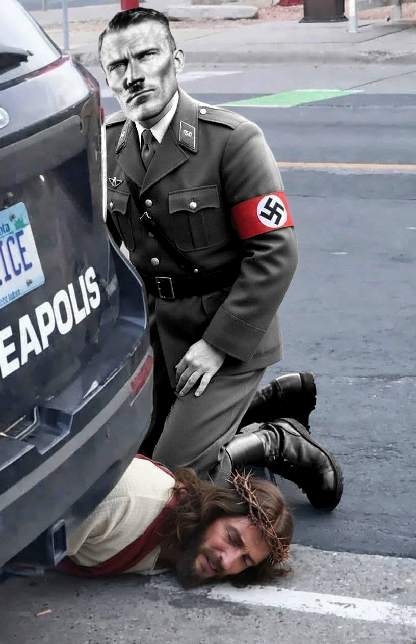 george floyd, gigachad, 1nas, adolf hitler, arrest, christcuck, christianity, closed mouth, full body, gray skin