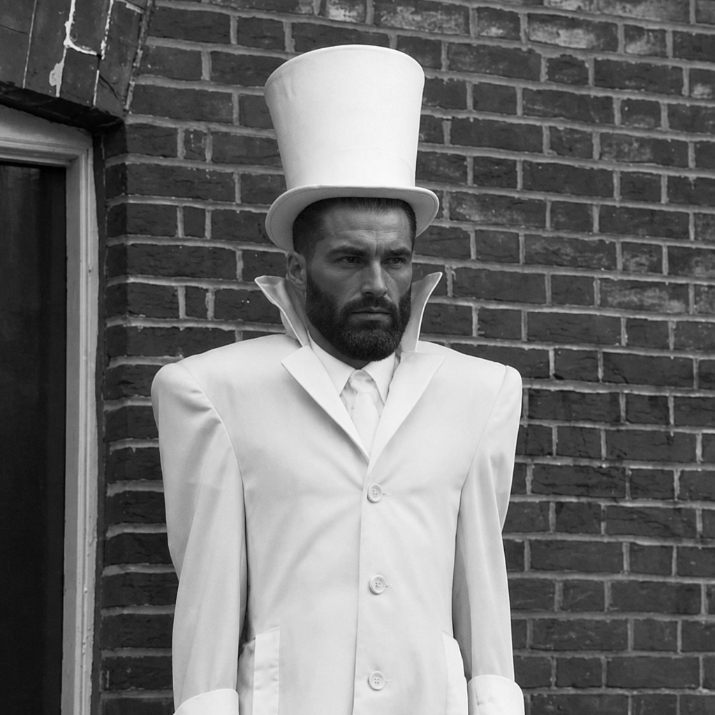 gigachad, 1nas, beard, black and white, bricks, building, closed mouth, clothes, ear, gray skin