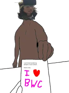 bartender, 1soyjak, almost full body, black eyes, black hair, brown skin, bwc, closed mouth, english text, front view