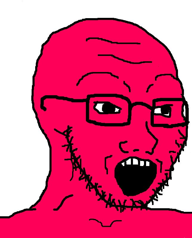 soyak, 1soyjak, 4chan meme, 5 teeth, bald, big pupils, black eyes, black glasses, black outline, black pupils