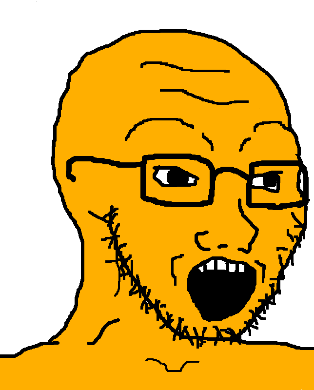 soyak, 1soyjak, 4chan meme, 5 teeth, bald, big pupils, black eyes, black glasses, black outline, black pupils