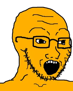 soyak, 1soyjak, 4chan meme, 5 teeth, bald, big pupils, black eyes, black glasses, black outline, black pupils