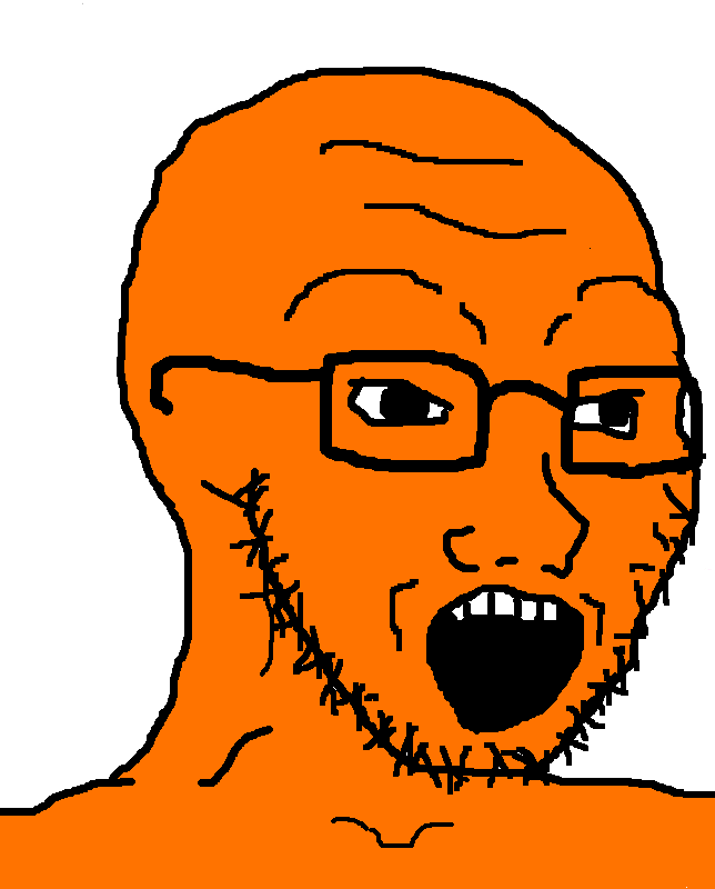 soyak, 1soyjak, 4chan meme, 5 teeth, bald, big pupils, black eyes, black glasses, black outline, black pupils