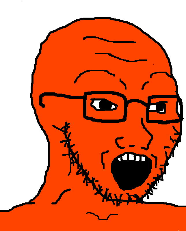 soyak, 1soyjak, 4chan meme, 5 teeth, bald, big pupils, black eyes, black glasses, black outline, black pupils