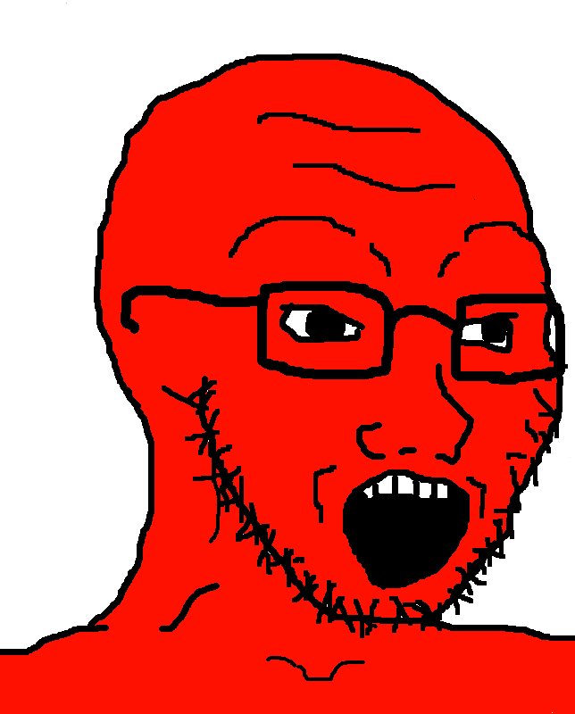 soyak, 1soyjak, 4chan meme, 5 teeth, bald, big pupils, black eyes, black glasses, black outline, black pupils