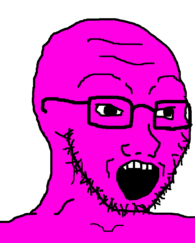 soyak, 1soyjak, 4chan meme, 5 teeth, bald, big pupils, black eyes, black glasses, black outline, black pupils