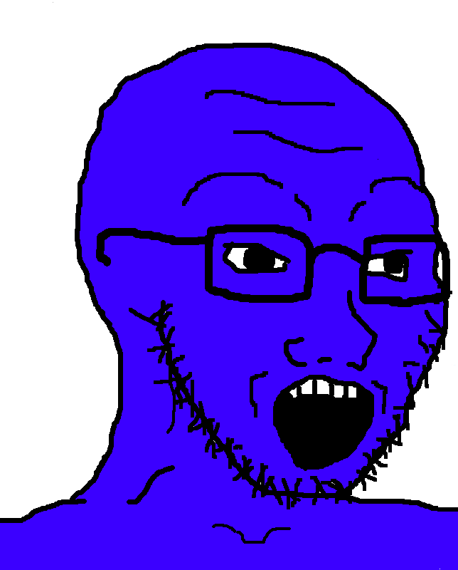 soyak, 1soyjak, 4chan meme, 5 teeth, bald, big pupils, black eyes, black glasses, black outline, black pupils
