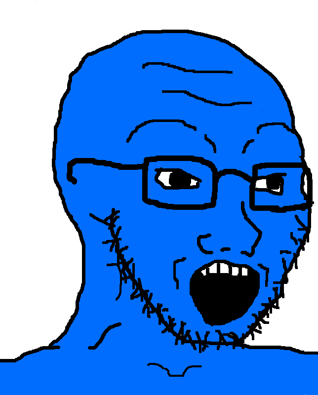 soyak, 1soyjak, 4chan meme, 5 teeth, bald, big pupils, black eyes, black glasses, black outline, black pupils