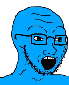 soyak, 1soyjak, 4chan meme, 5 teeth, bald, big pupils, black eyes, black glasses, black outline, black pupils