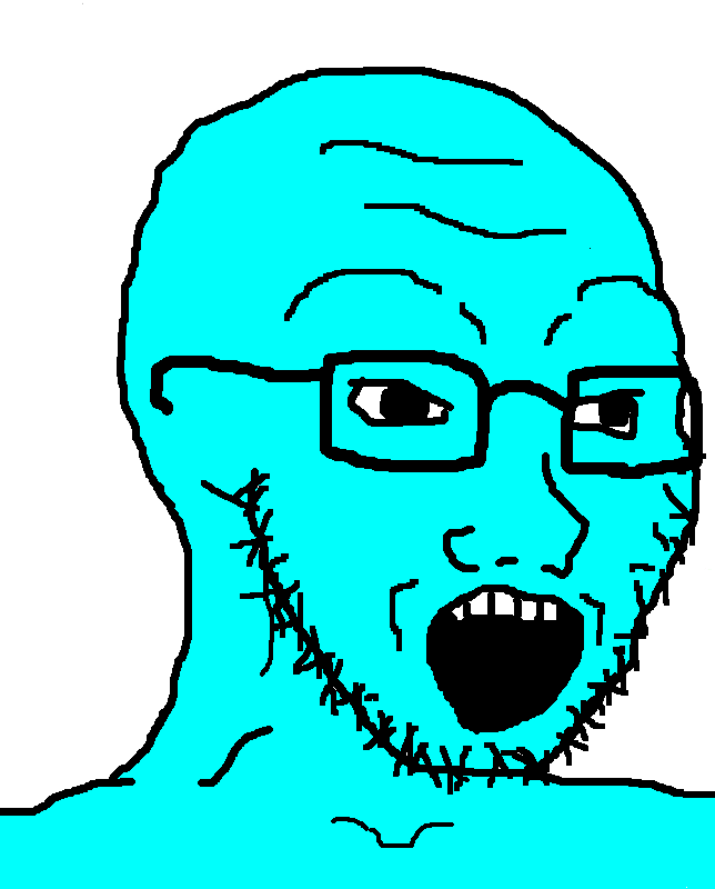 soyak, 1soyjak, 4chan meme, 5 teeth, bald, big pupils, black eyes, black glasses, black outline, black pupils