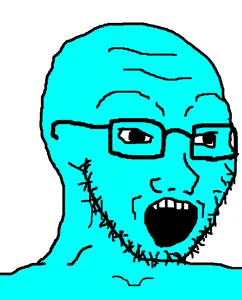soyak, 1soyjak, 4chan meme, 5 teeth, bald, big pupils, black eyes, black glasses, black outline, black pupils