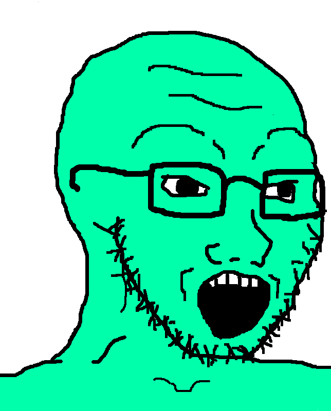 soyak, 1soyjak, 4chan meme, 5 teeth, bald, big pupils, black eyes, black glasses, black outline, black pupils