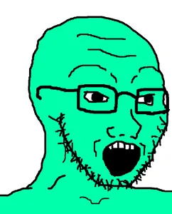 soyak, 1soyjak, 4chan meme, 5 teeth, bald, big pupils, black eyes, black glasses, black outline, black pupils