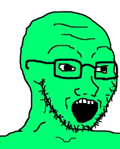 soyak, 1soyjak, 4chan meme, 5 teeth, bald, big pupils, black eyes, black glasses, black outline, black pupils