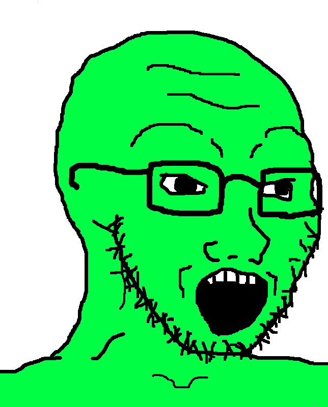 soyak, 1soyjak, 4chan meme, 5 teeth, bald, big pupils, black eyes, black glasses, black outline, black pupils