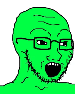 soyak, 1soyjak, 4chan meme, 5 teeth, bald, big pupils, black eyes, black glasses, black outline, black pupils