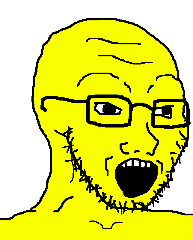 soyak, 1soyjak, 4chan meme, 5 teeth, bald, big pupils, black eyes, black glasses, black outline, black pupils