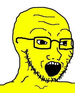 soyak, 1soyjak, 4chan meme, 5 teeth, bald, big pupils, black eyes, black glasses, black outline, black pupils